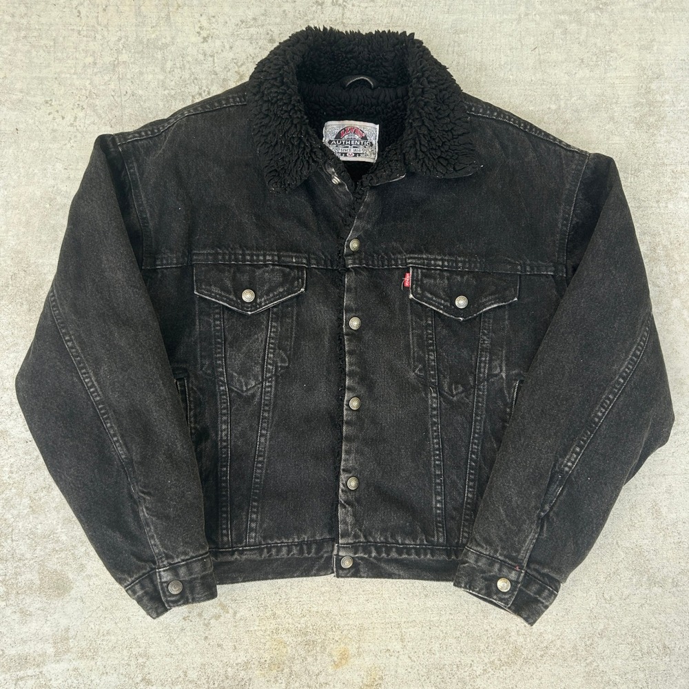 Levis Trucker Jacket Medium Black Vintage 90s USA Sherpa Lined Denim Coat